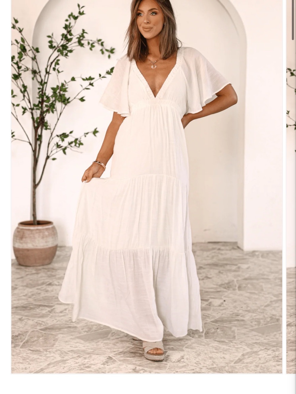 Boho V-Neck White Maxi Dress with Flutter Sleeves